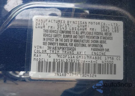 2019 Nissan Sentra Sv from USA, damaged, VIN 3N1AB7AP9KY304524